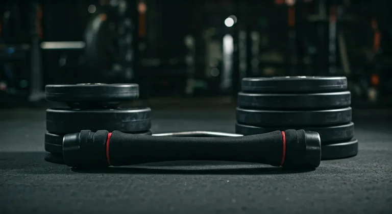 High quality steel tib bar loaded with Olympic weight plates on gym floor