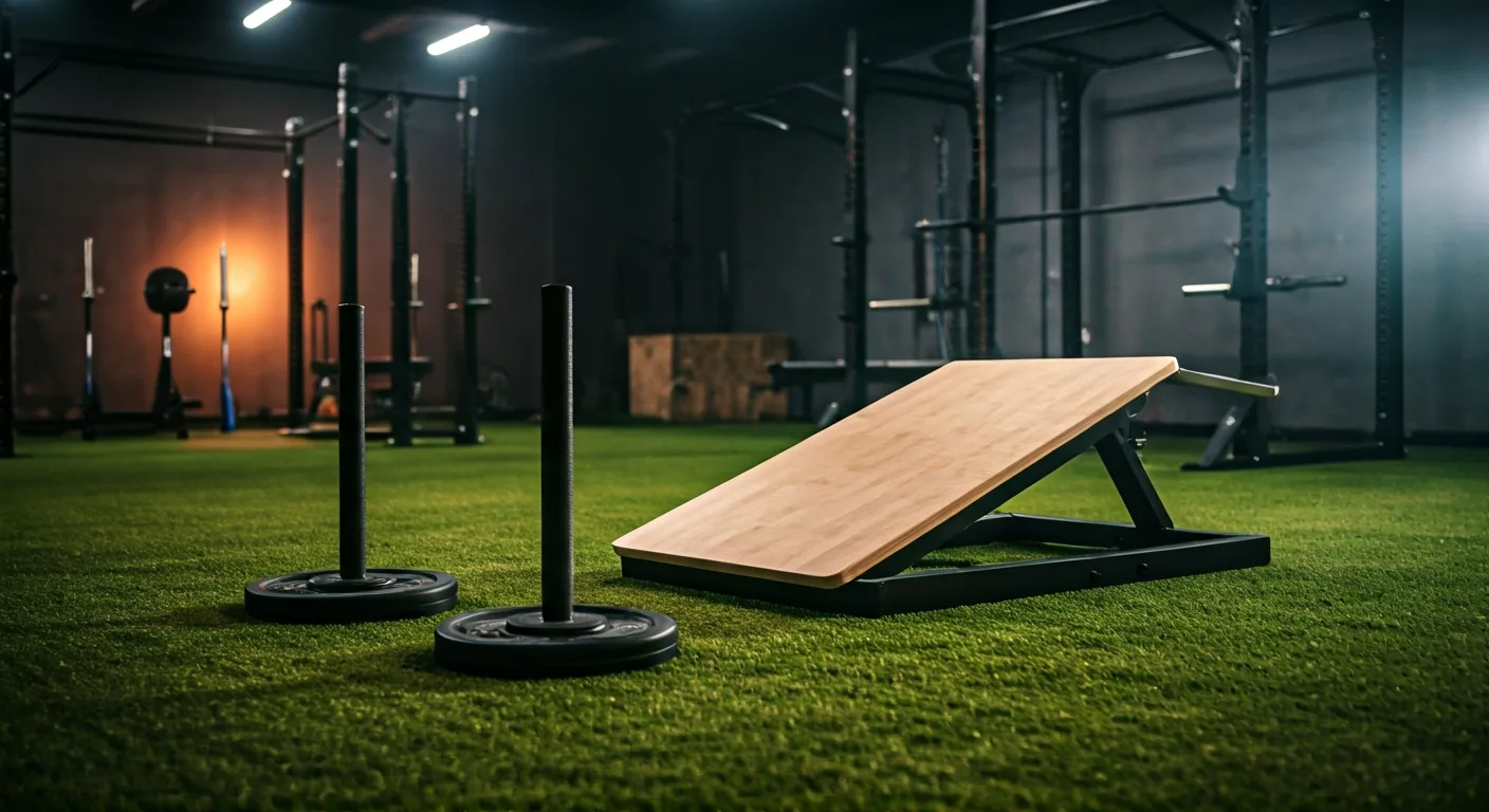 Knees Over Toes equipment including a tib bar and slant board in a home gym.