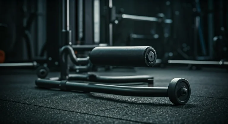 A modern black single leg tib bar loaded with a weight plate resting on a gym floor